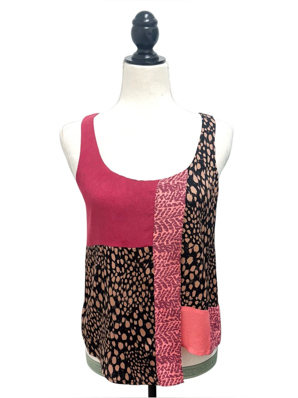 Corey Lynn Calter Color Block Silk Animal Print Scoop Neck Asymmetrical Hem Tank
